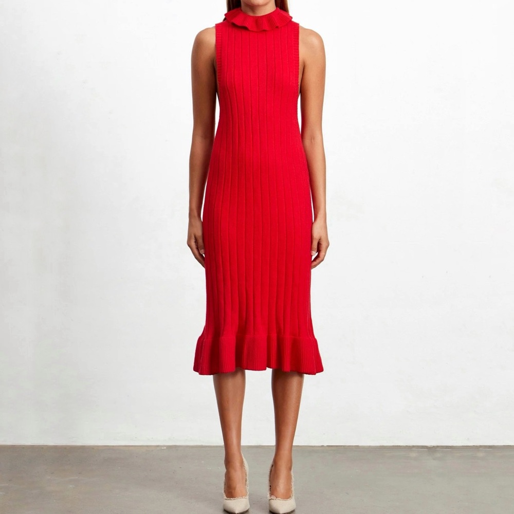 Anthropologie Elliatt Red Pomodoro Rib Knit Sweater Midi Dress Ruffles Large NWT